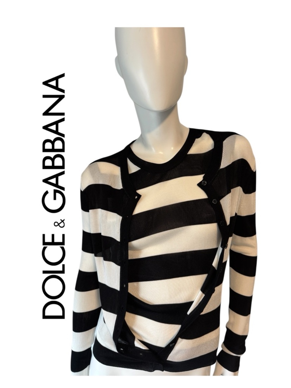 Dolce & Gabbana Black and White Striped Knit Cardigan Set